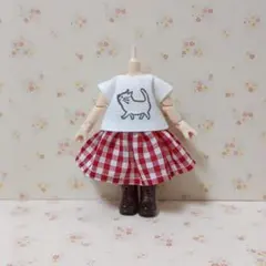 オビツ11服　猫のトップス&赤白チェック柄スカートセット　ハンドメイドのサムネイル