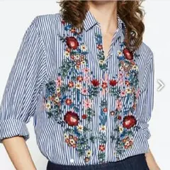 大人気！　花刺繍ブラウス　ZARA風　ストライプ 　Lサイズ