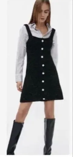 ZARA ビジューボタン付きワンピース M ブラック