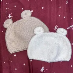 耳付きニット帽 2点セット ベージュ ホワイト