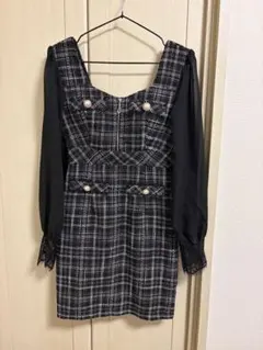DAZZY ツイードチェックシフォン長袖タイトミニドレス