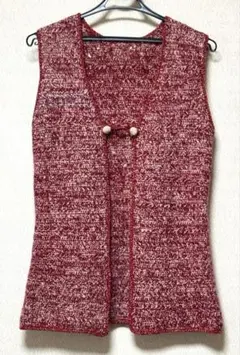 【ハンドメイド】手編み ニットベスト ジレ ボルドーミックス えんじ色 重ね着