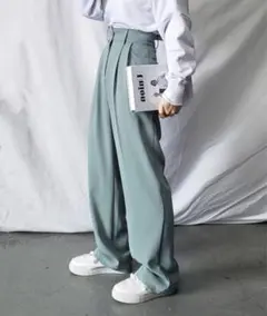 me+em select太ベルトハイウエストカラータックスラックス ブルーグレー