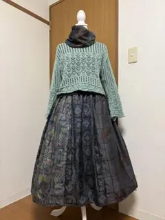 着物リメイク♪ 大島紬　パッチ　スカート&スヌード　　フリーサイズ　裏地付き♪