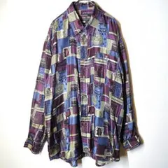 90s 高級素材 シルクシャツ 総柄シャツ アートシャツ 長袖シャツ 幾何学模様