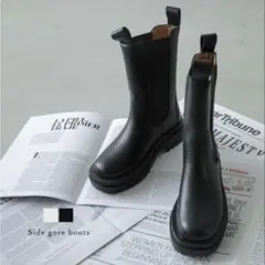 サイドゴアブーツ 黒厚底 引き手付き