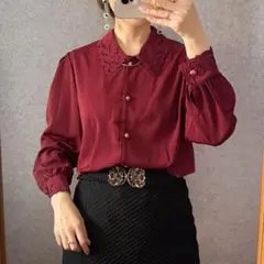 ヴィンテージ レトロ古着 刺繍襟クラシカルブラウス 無地 ワイン/ボルドー系