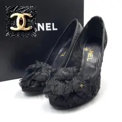 《CHANEL》シャネル ココマーク カメリア レースパンプス 黒 34 1/2のサムネイル