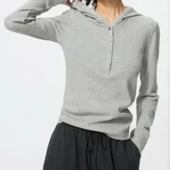 UNIQLO リブ フーデッド ロングスリーブ グレー XL