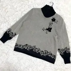 EDOM✨美品　長袖ニット　ハイネック　バラ柄　ラメ　肩パッド　ベージュ