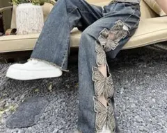 蝶刺繍 ワイドレッグデニムパンツ