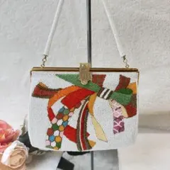 未使用級✨希少柄　総ビーズバッグ　リボン　がま口　ゴールド　ストーン　和装小物