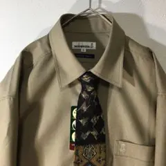 【個性派古着】長袖デザインシャツ（ネクタイ付）　ベージュ　柄　ポリ　メンズL