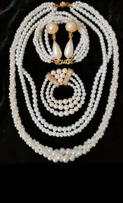 貝パール 5連 ネックレス ブレスレット ブローチ イヤリング 豪華 4点g59