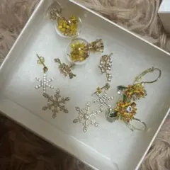雪の結晶と花のピアスセット 5点