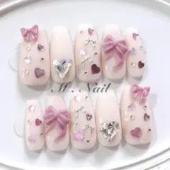 ネイルチップ フレンチガーリー リボン ピンク ハートホロネイル 量産型 韓国