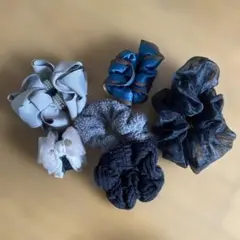 グレーリボン　ヘアクリップ シュシュ6個セット