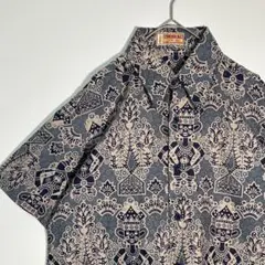 ヴィンテージ☆半袖シャツ☆総柄☆民族柄☆古着☆青☆ポケット☆前面ポケット☆