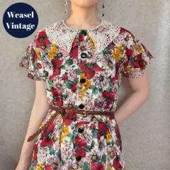 ヴィンテージ レトロ古着 レース襟フロントボタン花柄ワンピース 半袖