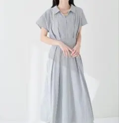 ストライプ柄 半袖シャツワンピース ロング丈のサムネイル