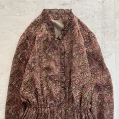 昭和レトロペイズリー柄長袖ロングワンピースフリルネックローズ系ウエストゴム11号