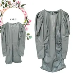 【ザラ】ZARA♡合成皮革フェイクレザーパフスリーブワンピース【М】グリーン系