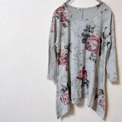 花柄 グレー 七分袖 チュニック おしゃれ 古着 バラ フラワー 薄手 秋 春