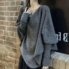 不規則ニットセーター　グレー　アシンメトリー