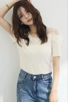 シースルー フリル ドッキングトップス ホワイト アシンメトリー frene