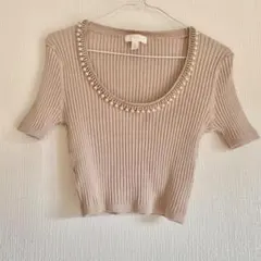 H＆M クロップド　半袖リブトップス　パールビジュー付　M