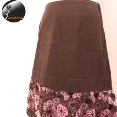羽化　台形スカート　花柄　刺繍　コットン　コーデュロイ　ブラウン　ピンク　38のサムネイル