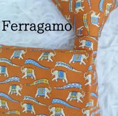 美品◎Ferragamo フェラガモ ネクタイ 象 動物 フラッグ オレンジ