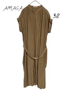AMACA【美品】半袖プリーツワンピース シャツワンピース　ブラウン　38