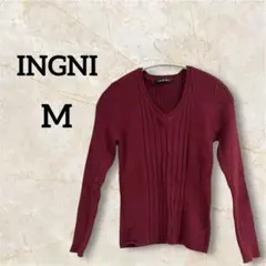 INGNIイング【M】無地 シンプル Vネック 長袖 リブニット ワインレッド