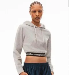 【美品】アレキサンダーワン クロップドパーカー ロゴ グレー フード付き S