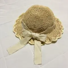 ベージュ ストローハット リボン付き