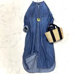 美品　アーバンリサーチ　デニム　シャツワンピース　バンドカラー　ロング　フリー