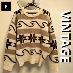 【VINTAGE】ノルディック柄 クルーネックハンド ニットウール セーターF
