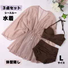 水着 レディース 3点セット 体型カバー 細見え シースルー 茶色 L ビキニ