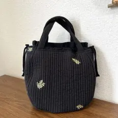 ハンドメイド　ラウンド型巾着ミニトートバッグ　ブラック　ヌビ生地