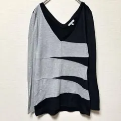 希少✨Vネック ニット チュニック【M】長袖 グレー ブラック 薄手 レディース