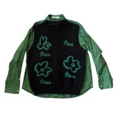 黒花柄ニットベストと緑シャツセット