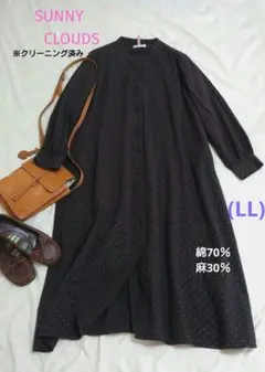 【美品】SUNNY CLOUDS麻　綿　ゆったりシャツワンピース　ドット柄　LL