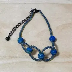 ハンドメイド ビーズブレスレット 蜻蛉玉風 ブルービーズ アジャスター付き