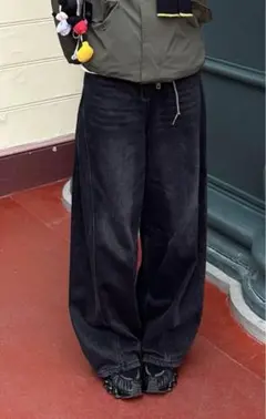 ブラック ワイドデニムパンツ ダメージ加工