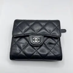 CHANEL マトラッセ　ブラック ラムスキン　 三つ折り財布　シルバー
