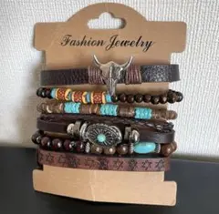 ターコイズブレスレット　ウッドブレスレット　レザー調　腕輪ブレスレット6点セット