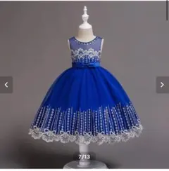 140cm【新品未使用】青色リボン付き刺繍ドレス