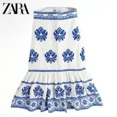 春夏のお出かけに 爽やか ZARA リネン ボタニカル刺繍 ロングスカート