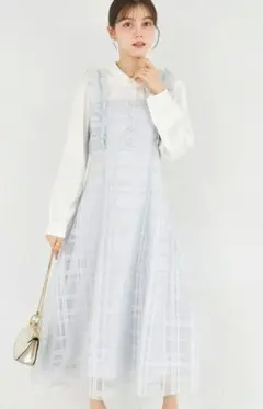 フリル付きバックレースアップシアーチェックワンピース　アイスグレー